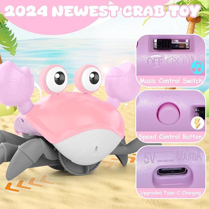 Crawling Crab Baby Toy, Tummy Time Girl Gifts for Babies 3-6 6-12 Month, Light-Up Walking Dancing Moving Crab with Music & Obstacle Avoidance, Rechargeable Musical Toys 1 Year Old Girls Gift (Pink)