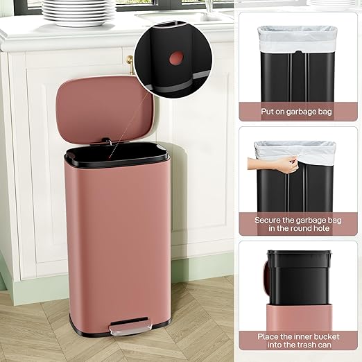 Arlopu 8/13.2 Gallon Step Trash Can, Stainless Steel Garbage Bin, Soft-Close Rubbish Bin with Removable Plastic Inner Bucket, Fingerprint-Proof, Lid Dustbin, Suit for Kitchen Home (Pink, 30L)