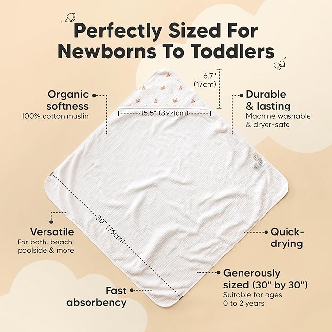 KeaBabies Muslin Baby Bath Towels with Hood for Girls, Boys -Large Organic Cotton Hooded Baby Towels for Newborns,Toddlers,Infant,Kids,Soft Absorbent Newborn Bath Essentials Gift Set(Monarch, Petite)