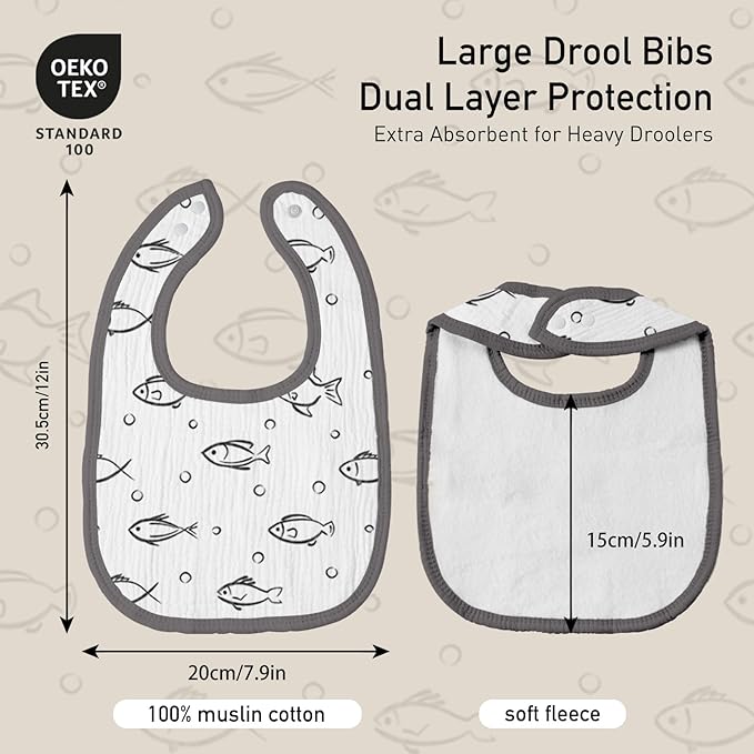 GLLQUEN BABY Muslin Drool Bibs for Boys Girls 8 Pack, Adjustable Baby Bibs for Drooling and Teething, Soft Cotton Baby Bandana Bib for Newborn Feeding Essentials (Fish)