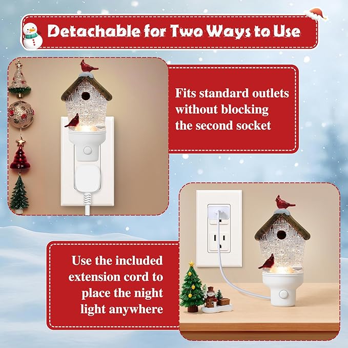 Christmas Birdhouse Night Light Plug into Wall Glitter Water Nightlight with USB/Outlet Options, Christmas Decorative Nightlight for Bedroom Kitchen Nursery Holiday Decorations Gifts (Birdhouse)
