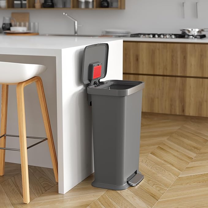 iTouchless SoftStep 13.2 Gal / 50L Step Pedal Kitchen Trash Can with Odor Filter, Durable Dent-Proof Construction and Stainless Steel Trim, Garbage Bin with Lid for Home Office, Bedroom, Gray Plastic