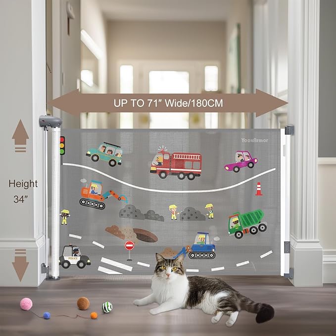 Retractable Gates for Stairs, Mesh Dog Gate for The House, Wide Pet Gate 34" Tall, Extends to 71" Wide, Long Safety Gates for Doorways, Hallways, Cat Gate Indoor/Outdoor (Car)