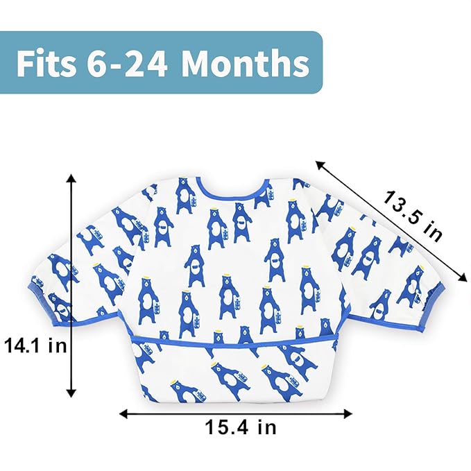 Long Sleeve Bibs For Babies 6-24 Months Full Coverage Shirt Bib for Baby Boys Girls Waterproof Smock Bibs with Sleeves Toddler Mess Free Bib for Eating with Pocket, 3 Pack