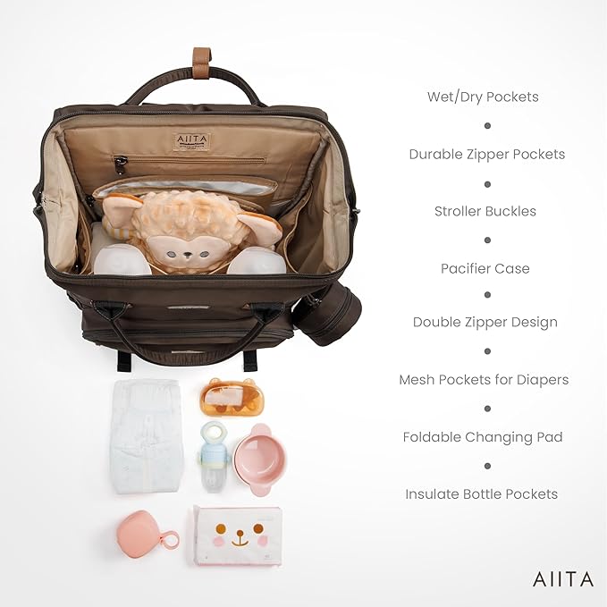 Diaper Bag Backpack, Multifunction Diaper Bag with Changing Station, Stylish Baby Bags, Large Unisex Diaper Backpack for Mom and Dad, Baby Registry Search, Portable Changing Pad – Black Brown