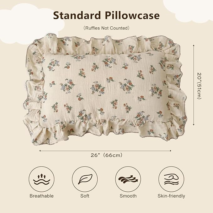 BuLuTu Kids Toddler Muslin Pillowcase Girls Boys Shabby Chic Floral Pillow Cases for Standard Pillow 20"x26", Kids Cotton Pillow Covers, 1 Pack, Envelope Closure, Machine Washable
