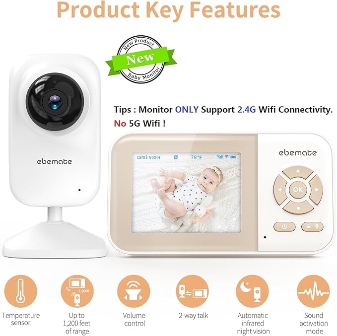 ebemate Video Baby Monitor Camera,2-Way Talk Audio Cam Monitor with Lullabies Baby Monitoring with 2.8" LCD Screen-EB29