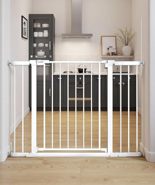 Baby Gate for Stairs, 30'' Tall 29.5-46" Extra Wide Dog Gate for Stairs Walk Thru Auto Close Metal Pet Gate for The House, Stairs and Doorways Child Gate Pressure Mounted Safety Gate Indoor - White