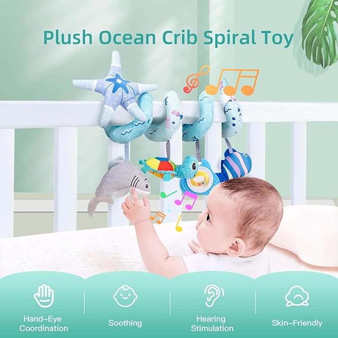 Deluxe 5-Piece Spiral Plush Toy Set - Cute Hanging Baby Rattle Animals including Shark Ideal Stroller, Crib Mobile, & Car Seat Toys for Babies 0-6 months up to 1 Year Coral Blue