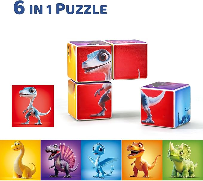 Magnetic Blocks for Toddlers, Dinosaur Toys Puzzle Cubes for Kids, Sensory Toys for Kids Ages 1-3 Year Old Boys & Girls, 6 Dinosaur Building Ideas