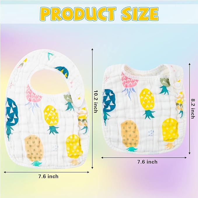 Zainpe 6Pcs Snap Muslin Cotton Bibs for Baby Lemon Flamingo Leaf Pineapple Bib with 6 Absorbent & Soft Layers Machine Washable Adjustable Burp Cloth for Drooling Eating and Teething