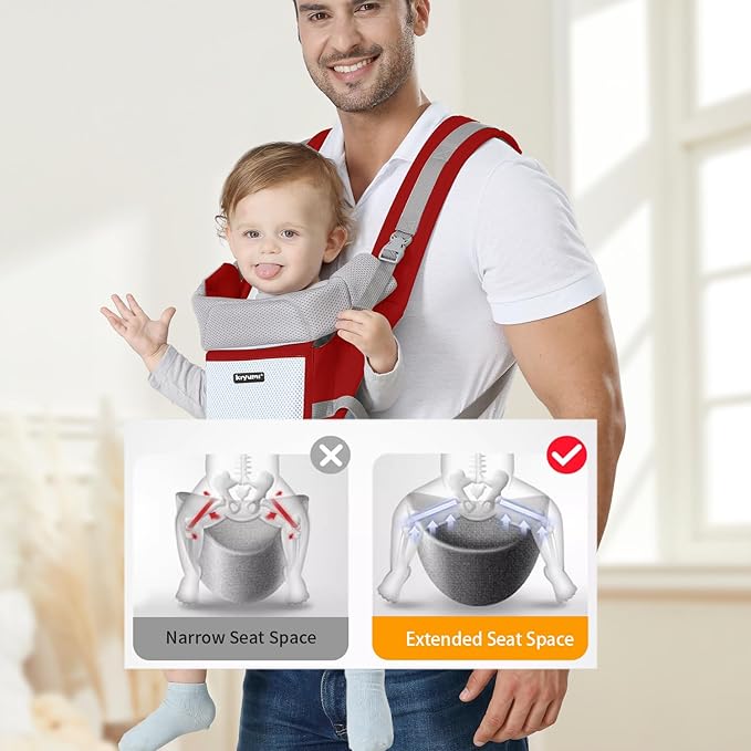KIYUMI Baby Carrier with Hip Seat, Ergonomic M Position, Newborn to Toddler, Head Support and Breathable Mesh,Adjustable Removable 6- in-1 Baby Baby Sling Carrier (7-45 lbs) for Mom Dad, Red
