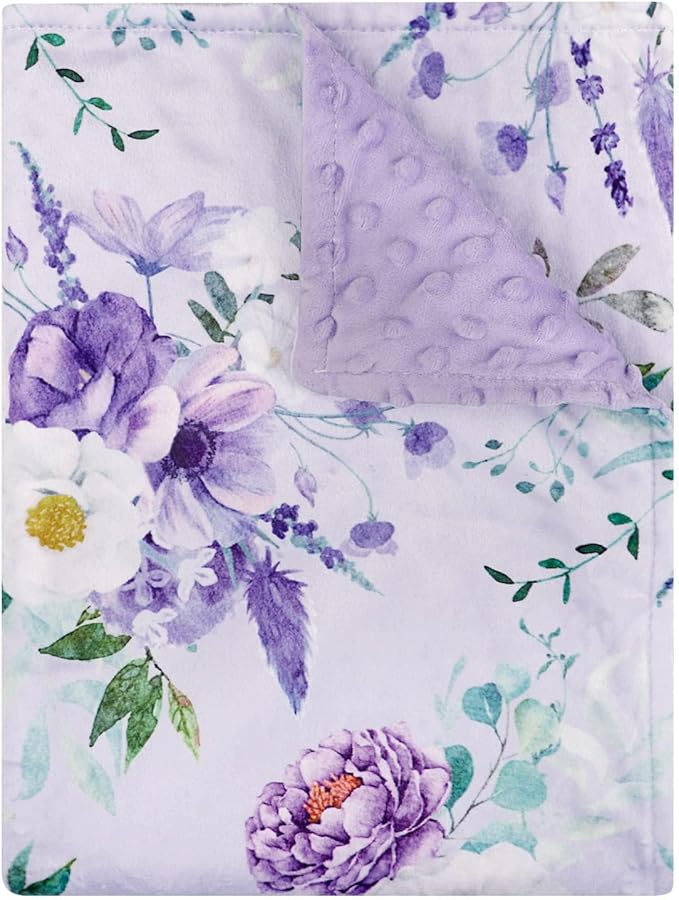 Baby Blankets for Girls Boys Soft Plush Minky Blanket 30x40 Inches with Double Layer Dotted Backing for Toddler Newborn, Purple Crib Blanket for Nursery, Baby Car Seat, Pet, Floral