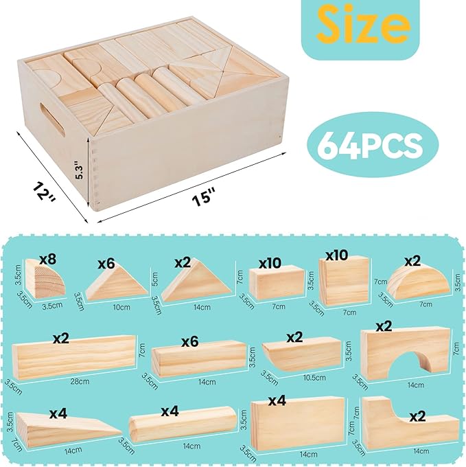 Onshine Large Wooden Blocks for Toddlers 1-3, 64 Pieces Big Wood Building Blocks Set with Wooden Storage Box, Large Toddler Blocks Building and Stacking Toys Construction Set