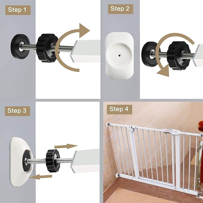 Baby Gate Extender Extention-4 Pack M8 (8MM) Baby and Pet Safety Stair Gate Threaded Spindle Rods Replacement Parts Bundle with Wall Protector (Round-White-4 Pack)