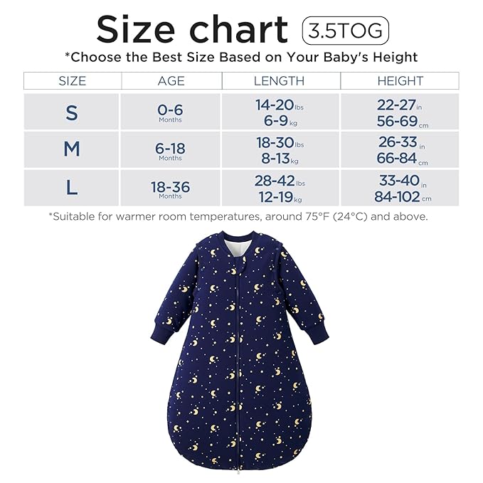 Duomiaomiao 3.5 TOG Baby Sleep Sack 100% Cotton Winter Long Sleeve Baby Wearable Blanket, Super Warm Quilted Comfy Toddler Sleeping Sack