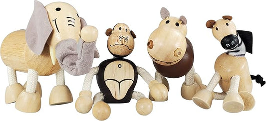 TEKOR Wooden Bendable Jungle Animal Toys (Set of 4) | Ages 3 & Up | Early Education Toy Animals for Kids | Elephant, Zebra, Hippo, Gorilla | Smooth Natural Wood | Endless Play for Girls & Boys
