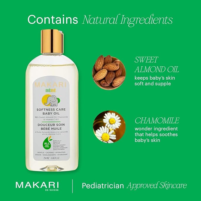 Makari Softness Care Baby Oil with Sweet Almond, Chamomile & Vitamins C & E, Hypoallergenic & Paraben-Free, Ideal for All Skin Types, Formulated for Sensitive and Delicate Newborn Skin