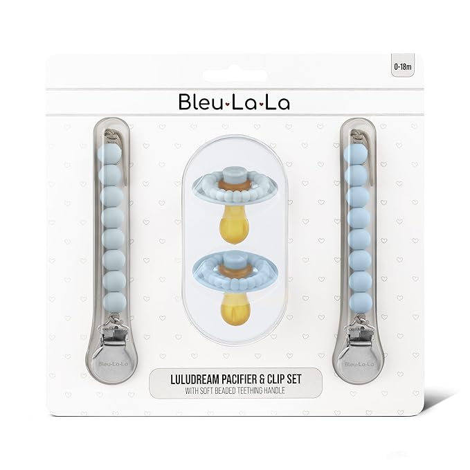 Luladream Pacifier and Clip Set - Natural Rubber Nipple - Soft Teething Handle - for Infants Baby's and Toddlers, 0-18 Months (Sky Blue + Ash Blue + Clips)