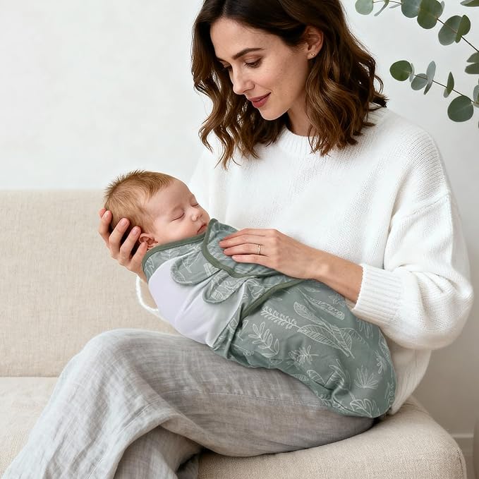 Baby Swaddle Sacks, 3-Pack Newborn Organic Cotton Swaddle Wrap, Adjustable Swaddle Blankets, Nursery Swaddling Essentials for Newborn 0-3 Months, Infant Shower Items Gift (Cat & Leaves)