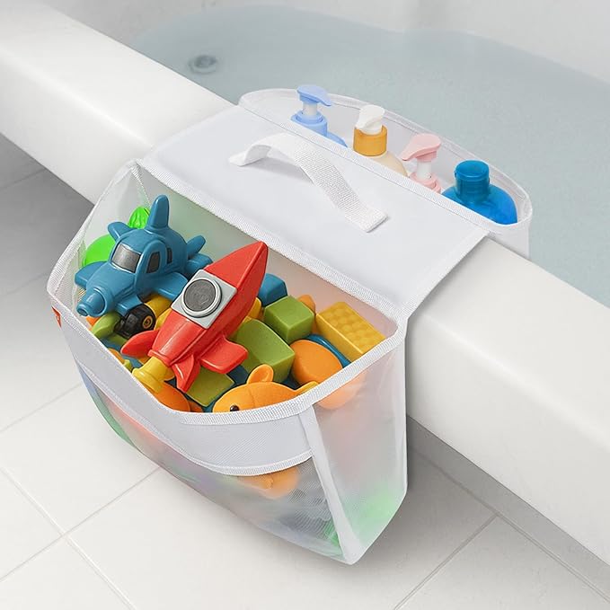 Bath Toy Organizer with 2 Pockets, Large Capacity Mesh Storage with Grip, Quick Dry, Perfect for Organizing Toys and Bath Essentials, Fits 6-Inch Tub Edges