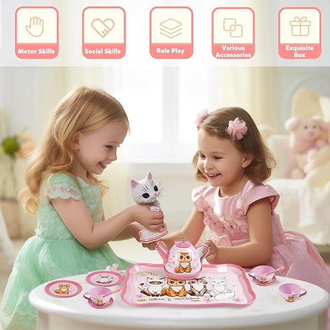 Cat Tea Party Set for Little Girls - 19pcs Pretend Play Toy, Birthday Gift for Toddlers Ages 3 4 5 6 Year Old, Includes Kitten Tin Tea Set, and Carrying Case - Ideal Stocking Stuffers for Kids