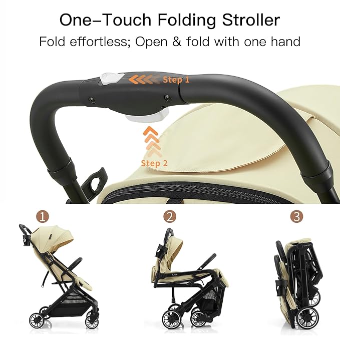 Compact Fold Baby Stroller, Lightweight Travel Toddler Stroller with One-Click Fold, Extendable UPF50+ Canopy, Cup Holder, UV Protected and Waterproof, One-Hand Folding - Beige