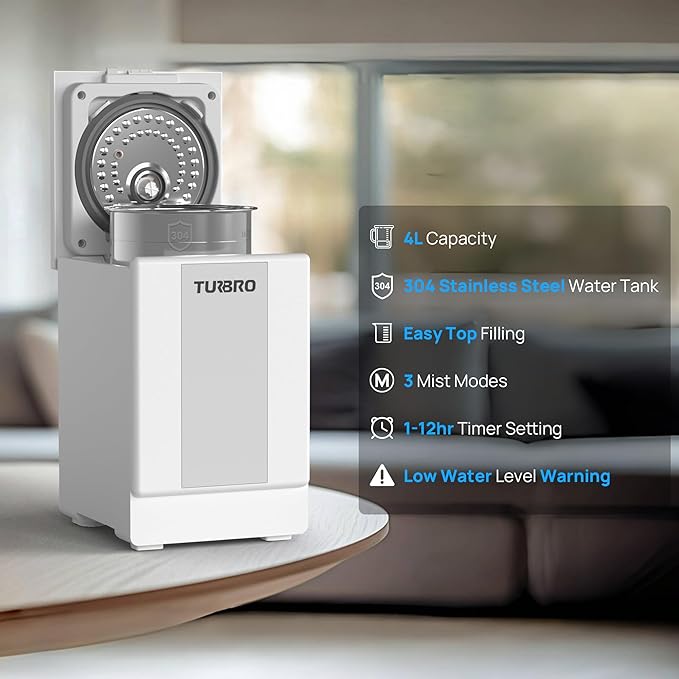 TURBRO 4L/1Gal 304 Stainless Steel Steam Humidifier, Warm Mist Humidifier for Bedroom Baby Nursery, 500 mL/h Output, Dishwasher Safe, Easy to Clean, 2 Misting Levels with Sleep Mode 1-12h Timer, GLS04