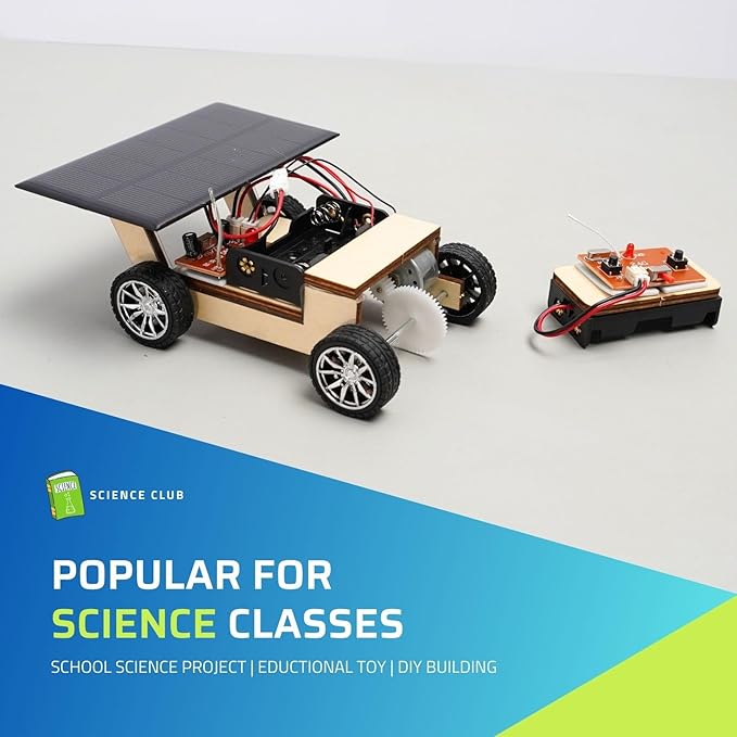 Solar-Powered Car V1, Wooden STEM Kit with Wireless Remote Control for Boys and Girls, Hybrid Powered by Solar Power and Batteries, Educational Motor Toy Gift for Kids Aged 8-12