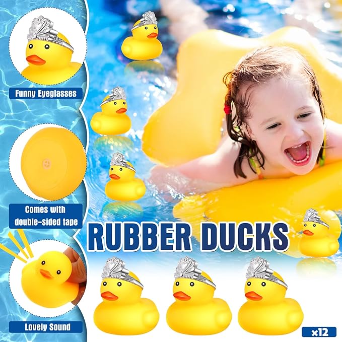 Chivao 12 Pcs Rubber Ducks with 12 Sunglasses/ Hats/ Headwear Small Mini Carnival Cruise Birthday Rubber Duckies Bathtub Toys in Bulk(Duck with Crown,Yellow)