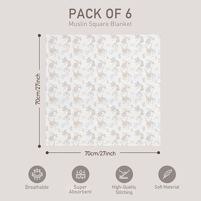GLLQUEN BABY Receiving Blanket Boy Cotton Muslin Swaddle Blankets Girl Newborn Squares Breathable & Soft Thin Baby Blankets Cloths Double Absorbent Infant Swaddling Wrap - 6 Pack(Jungle)