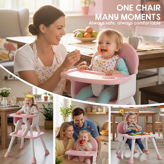 6 in 1 Baby High Chair, Convertible Highchair for Babies and Toddlers (Pink)