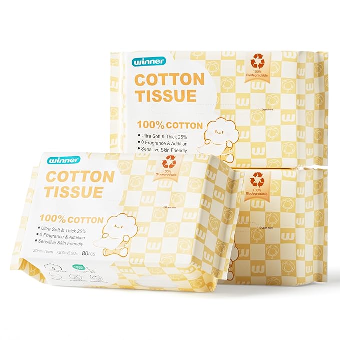 Winner 100% Cotton Dry Wipes, USDA Certified Baby Wipes, 33% Thicker & Ultra Soft, Hypoallergenic & Unscented for Baby Sensitive Skin, Wet/Dry for Diaper Changes, Meals & Cleanup, 240ct, Pack of 3