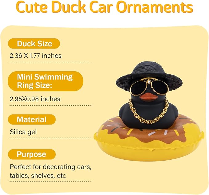wonuu 2Pcs Car Dashboard Decorations Color Ducks, Rubber Duck for Car Ornament Accessories with Mini Hat Sunglasses Necklace and Swim Ring, A_Black Duck+Black Cowboy&Black Sun Hat