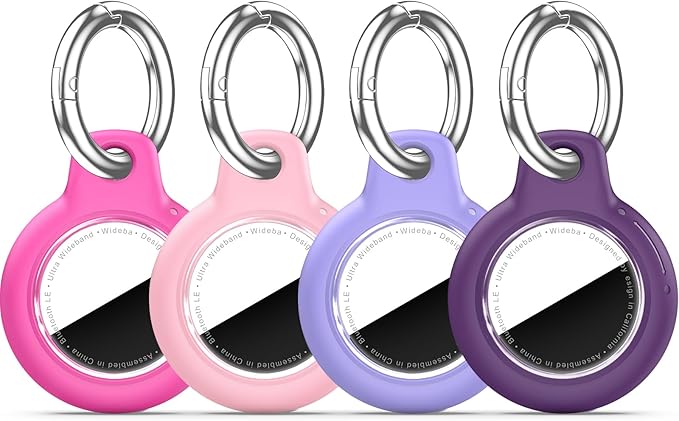 Upgrade Waterproof 4 Pack Airtags Holder with Apple Airtags Keychain, Hard PC Air Tag Case, Anti-Scratch & Shock Air tag Holder, Men's Women's Keyrings & Keychains -Rose Red+Pink+Purple+Dark Purple