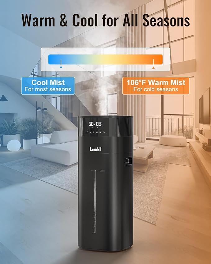 Cool and Warm Mist Humidifier Large Room, 5.3Gal/20L Humidifiers for Home 2500 sq ft, Whole House Humidifiers with Diffuser Extended Tube, Air Humidifier for Bedroom Nursery Baby Plants Black