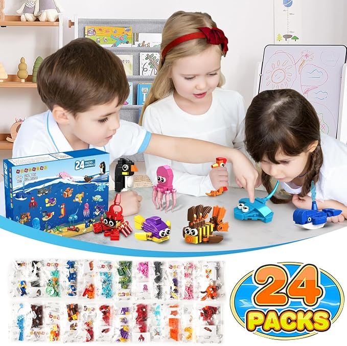 HOGOKIDS 24 Pack Party Favors for Kids Building Set - 629PCS Marine Animals Building Blocks Toy for Goodie Bag Stuffers Classroom Prizes, Valentines Day Easter Birthday Gift for Boys Girls Ages 6-12