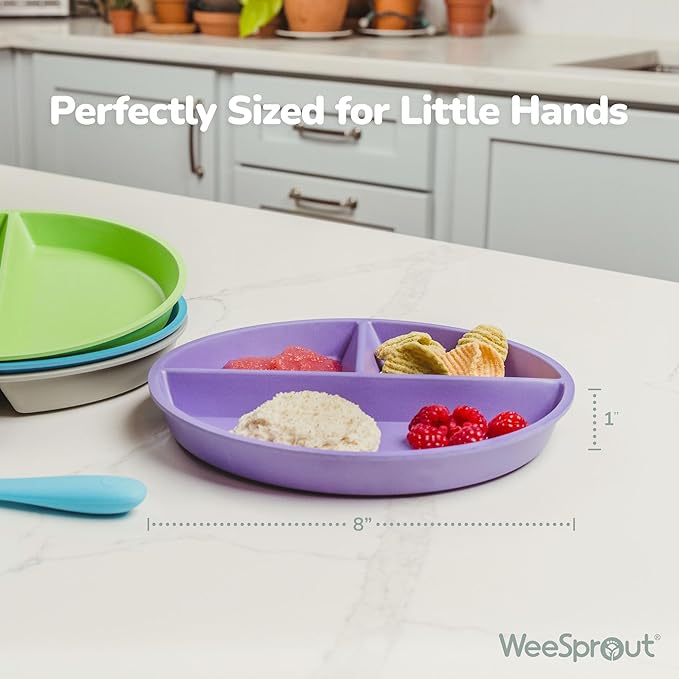 WeeSprout Divided Bamboo & Melamine Plates for Kids - Set of 4 Toddler Dinnerware, Food Grade, Kid Safe with Divided Design for Picky Eaters, Dishwasher Safe, Reusable Modern Tableware