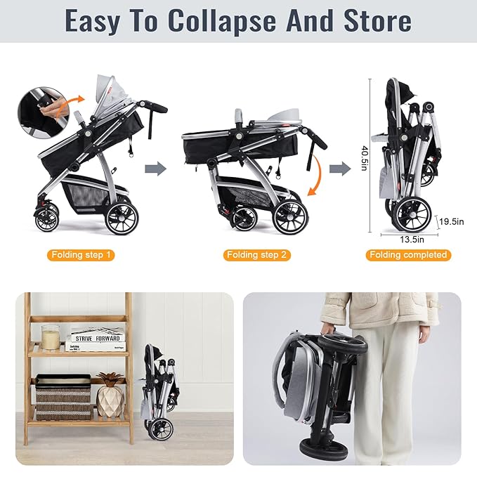 Baby Stroller, 2-in-1 Reversible Toddler Seat with Basket Mode, Foldable Infant Stroller with Canopy, One Button Brake, Adjustable Handle, Newborn Pushchair (Gray)