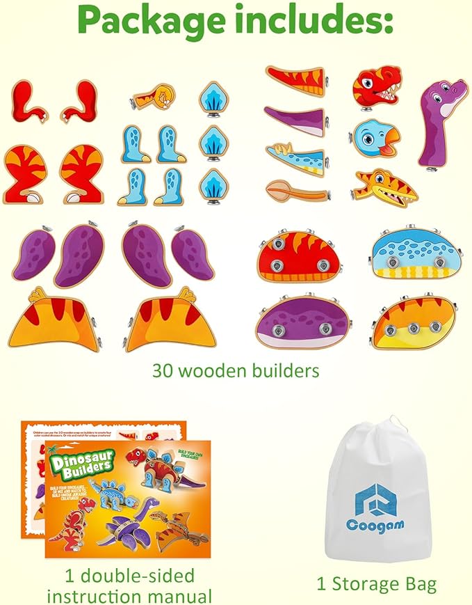 Coogam Dinosaur Snap Together Building Toys, Wooden Take Apart Dinosaur Playset, STEM Montessori Educational Fine Motor Skill Toy Gift for 3 4 5 Years Old Kids