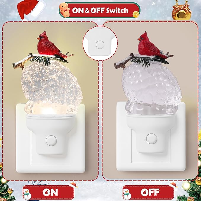Christmas Night Light Plug into Wall Glitter Water Nightlight with USB/Outlet Options, Christmas Cardinal and Pinecone Decorative Nightlight for Bedroom Holiday Decorations (Cardinal and Pinecone)