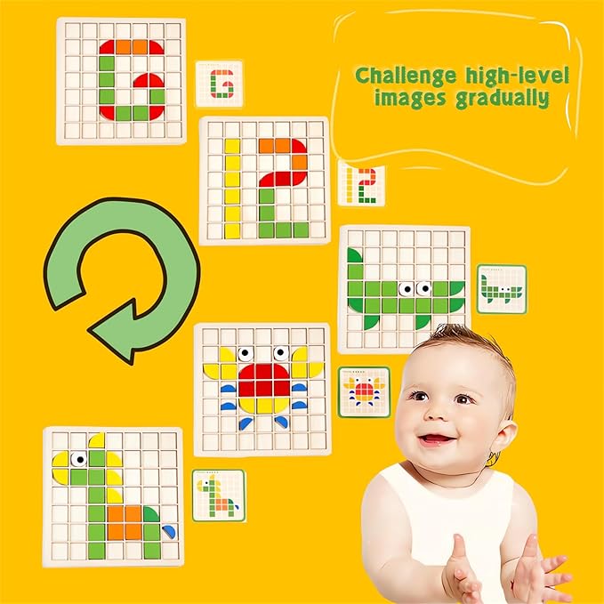 Mosaic Shape Wooden Pattern Blocks Puzzle, 120 PCS Wooden Pattern Blocks with 20 Pcs Design Cards,Kindergarten Classic Educational Geometric Shape Puzzle Toys for Kids Ages 4-8