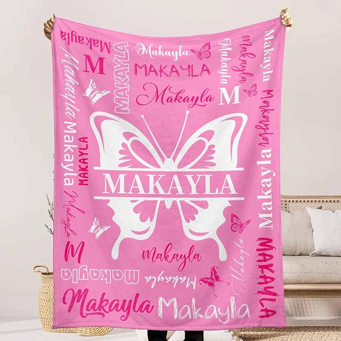 Personalized Name Blanket for Girls Boys Butterfly Blanket with Babys Name for Infant Toddler Custom Newborn Swaddle Blankets for Baby Showers Strollers Blanket for Kids Niece Nephew