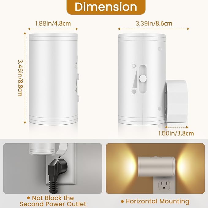 Dimmable LED Night Light Plug into Wall - Adjustable Rotating Lamp with Light Sensor, Auto On/Off from Dusk to Dawn for Bedroom, Hallway, Bathroom 2-Pack