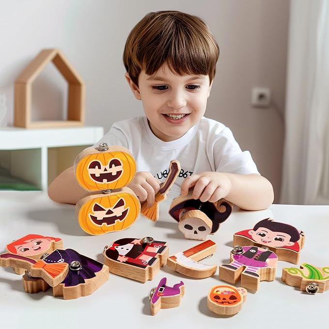 HUZU Halloween Snap Together Dress Up Building Blocks Toys, Witch Vampire Skeleton Pumpkin Take Apart Characters, 3 4 5 6 7 8 Years Old Kids Wooden Puzzle, STEM Fine Motor Skill Halloween Party Gift