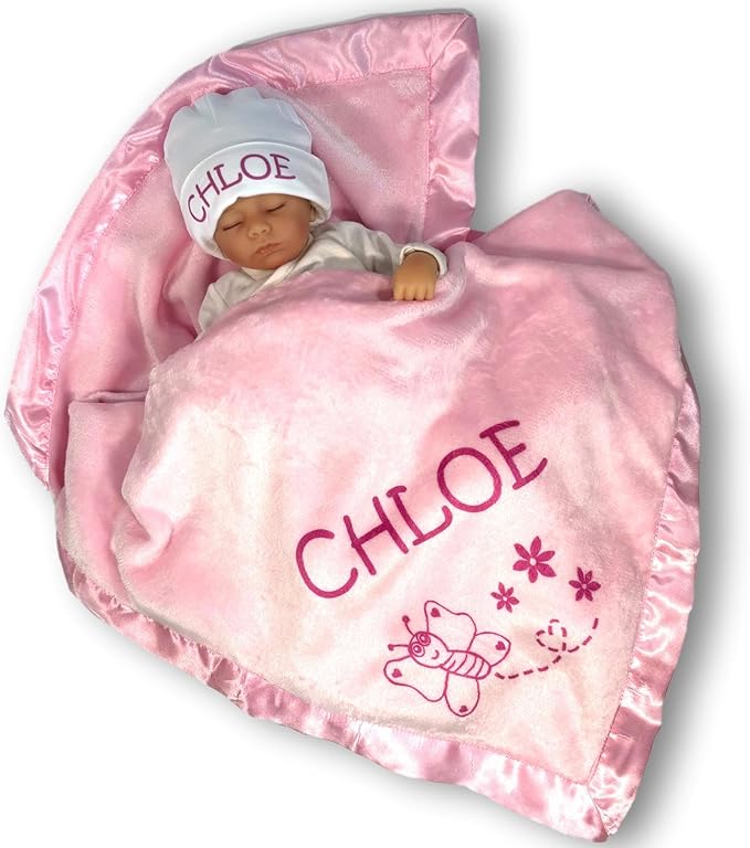 Custom Catch Personalized Girl Pink Baby Blanket Gift with Flower, Ladybug, Bee or Butterfly