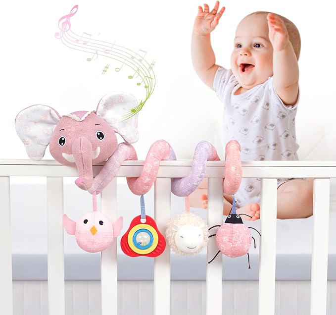 Jollybaby Crib Stroller Car Seat Toys for Baby 0-3-6-9-12 Months, Tummy Time Hanging Sensory Toys for Newborn with Music Box and Teether, Spiral Carseat Toy for Boys Girls Gifts (11-Sz Pink Elephant)