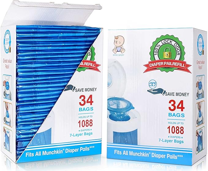 Diaper Pail Refill Bags 34 Bags 1088 Counts Compatible with Arm&Hammer Disposal System, 100% Lock Odor, Seal and Toss Diaper Pail Refills