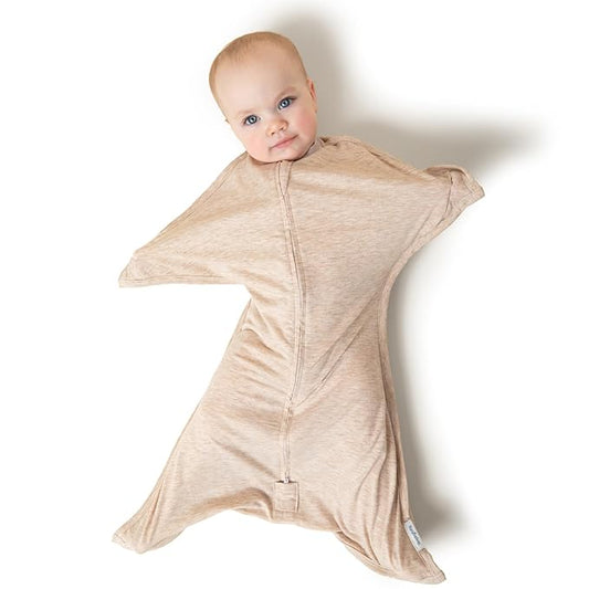 SleepingBaby Zipadee-Zip Transition Swaddle - Cozy Baby Swaddling Blanket with Zipper Convenience - Roomy Wearable Blanket for Easy Diaper Changes - 4-8 Month - Balanced Beige Heather