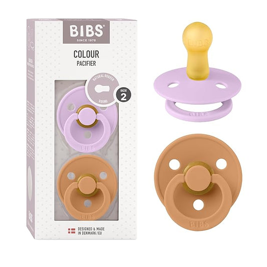 BIBS Pacifiers Colour Collection | Natural Rubber Baby Pacifier | Round Nipple | Set of 2 BPA-Free Soothers | Made in Denmark | 6+ Months (Pack of 2) | Violet Sky/Pumpkin
